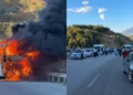 Shpërthen në flakë autobusi me turistë në hyrje të tunelit të Elbasanit, bllokohet rruga